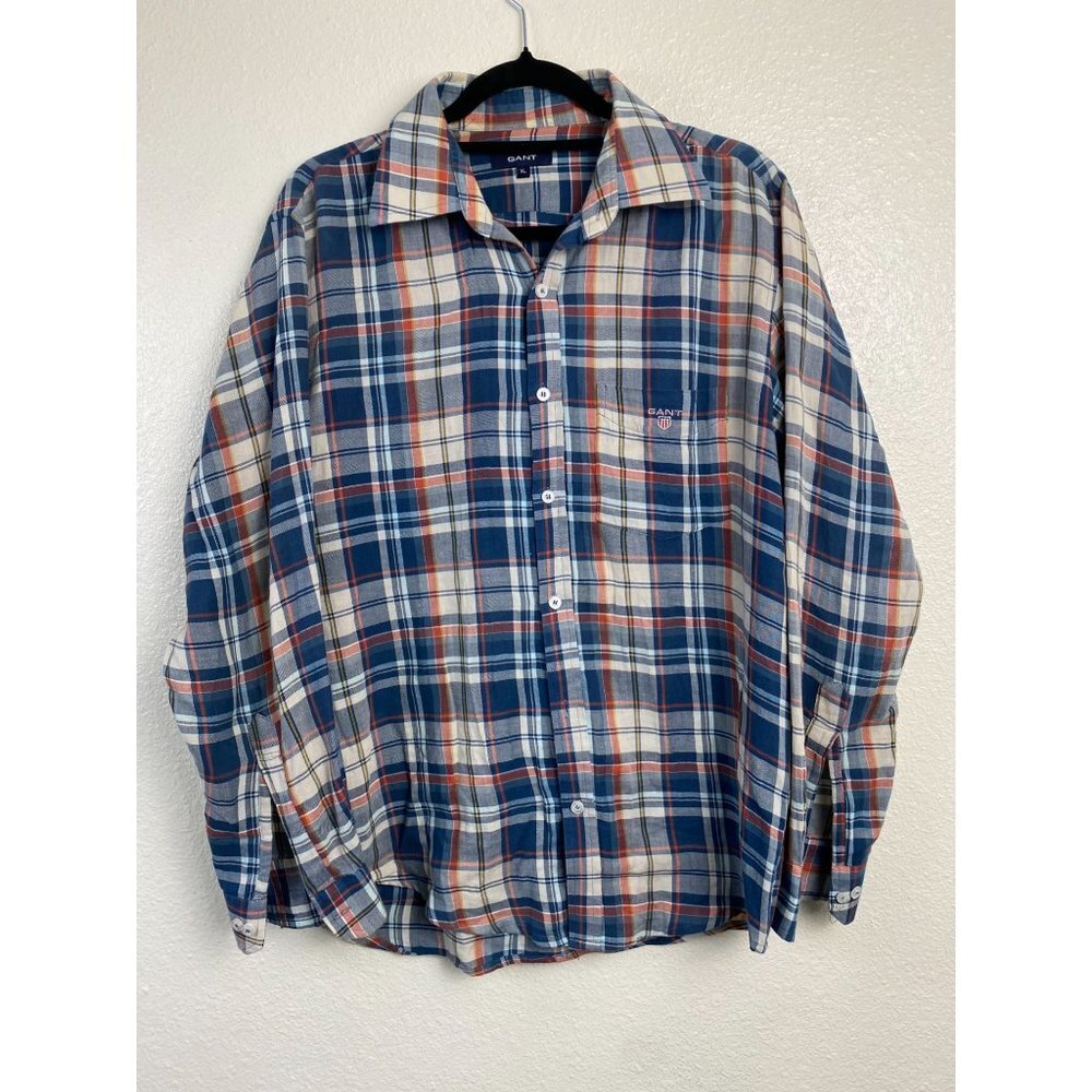 Gant Button Down Shirts Mens size XL‎ Plaid Blue Cotton Long Sleeve Casual